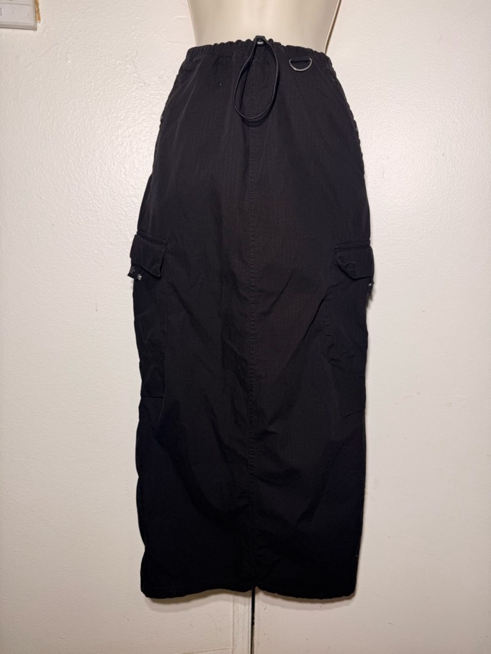 Zara Women Black Cotton Parachute Cargo Maxi Skirt drawstring waist Size XS